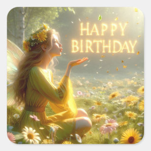Grattis på födelsedagen Fairy Fantasy Magic Fyrkantigt Klistermärke