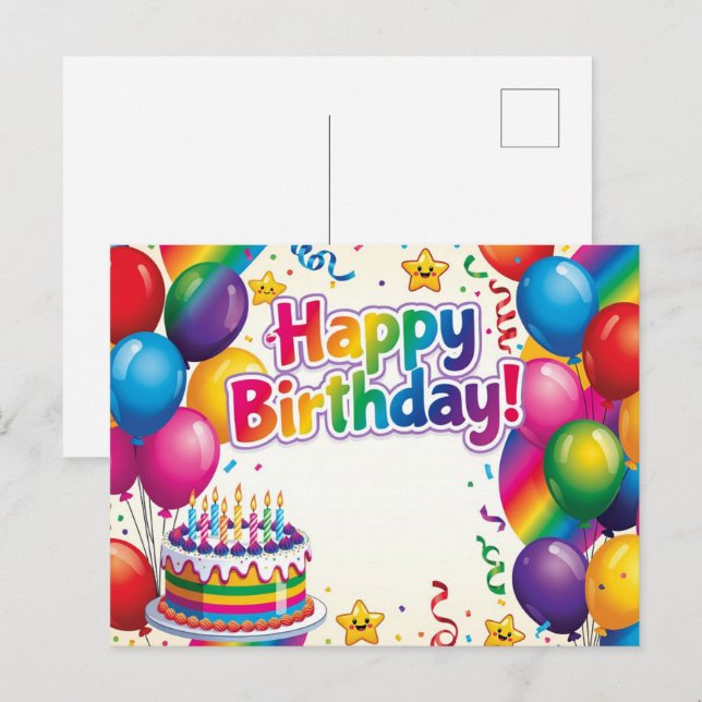 Grattis på födelsedagen färgglada ballonger vykort (Fram/baksida)
