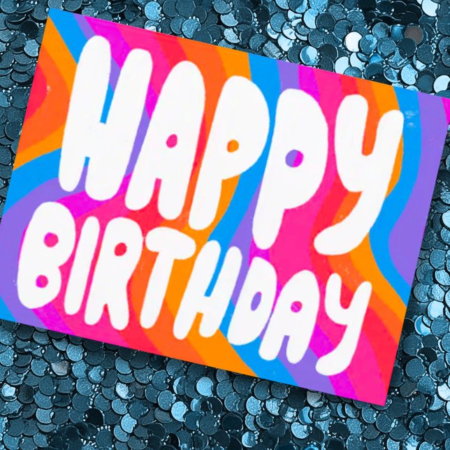 GRATTIS PÅ FÖDELSEDAGEN Färgglada bubbelbokstäver  Vykort (Cheerful colorful rainbow hand lettered happy birthday postcard. Add your own text)
