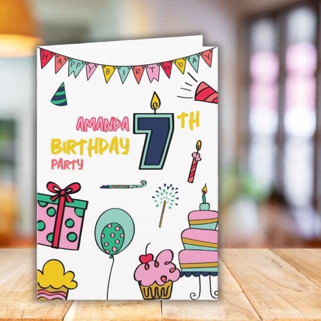 Grattis på födelsedagen Färgrik 7-årsfesthälsning Kort (Skapare uppladdad)