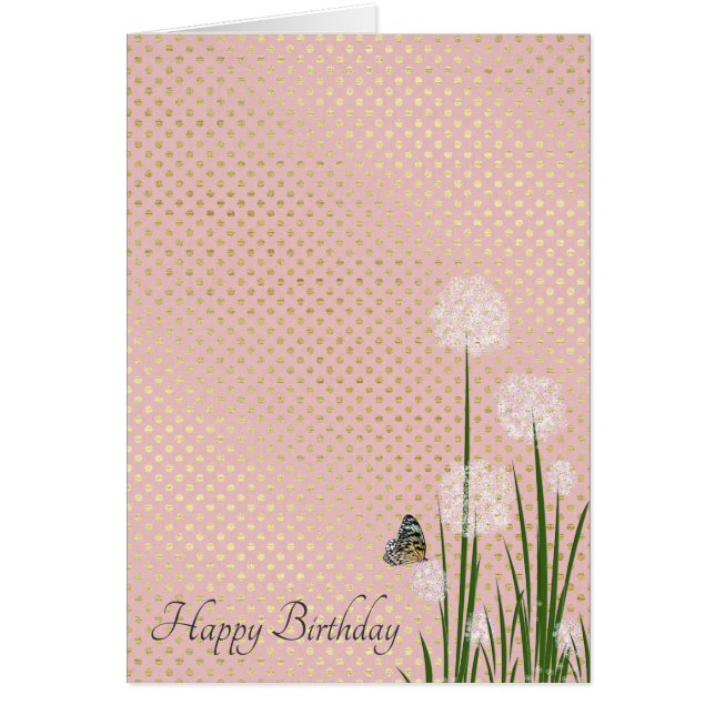 grattis på födelsedagen-fjäril på puffblomma hälsningskort (Framsidan)