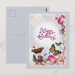 Grattis på födelsedagen fjärilar och blommor vykort