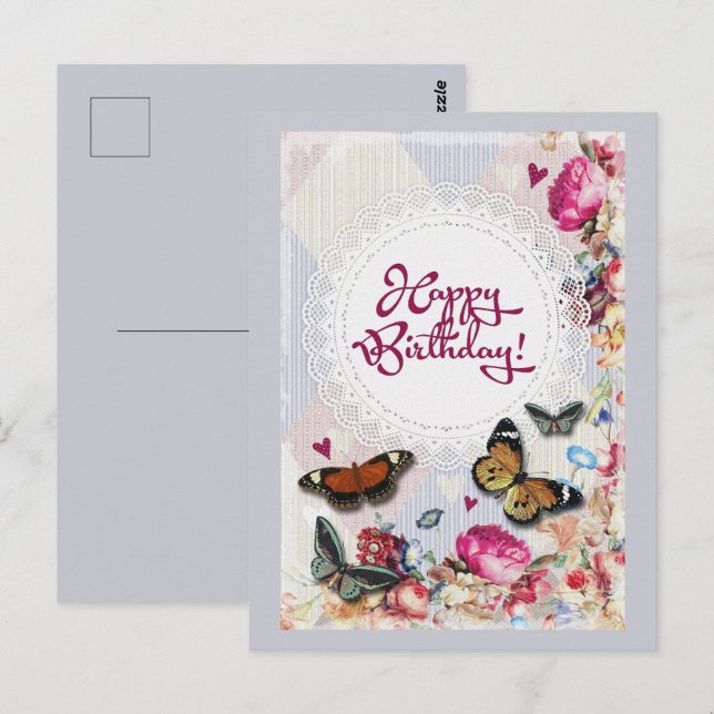 Grattis på födelsedagen fjärilar och blommor vykort (Fram/baksida)