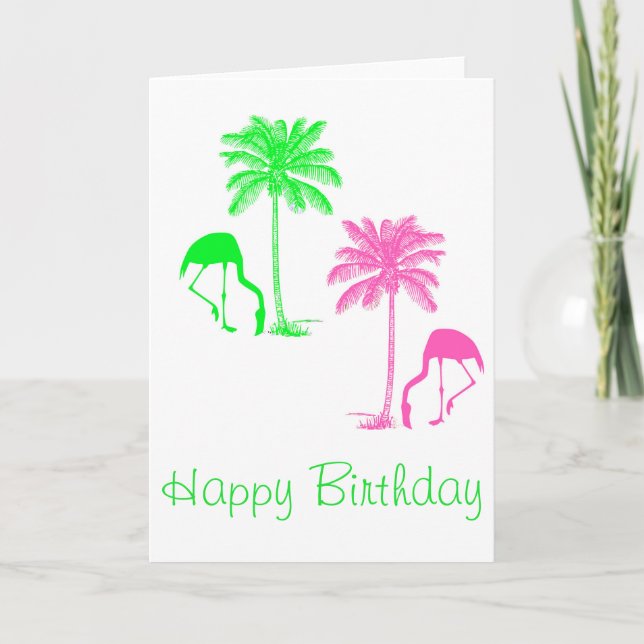 Grattis på födelsedagen Flamingos Palmträd Rosa Gr Kort (Framsida)