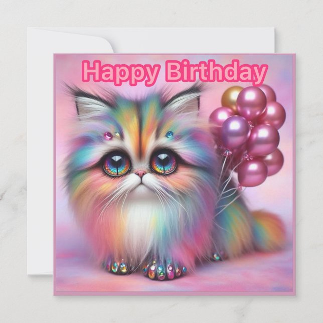 ~ GRATTIS PÅ FÖDELSEDAGEN ~ Fluffy Cat ~ Metallisk (Framsida)