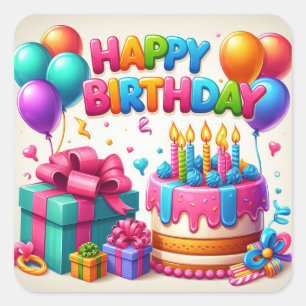 Grattis på födelsedagen för barn - Färgämnen - Kum Fyrkantigt Klistermärke