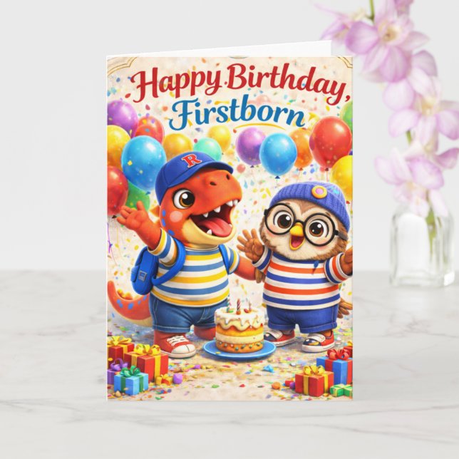 Grattis på födelsedagen förstfödda söta dinosaurie kort (Orkide)
