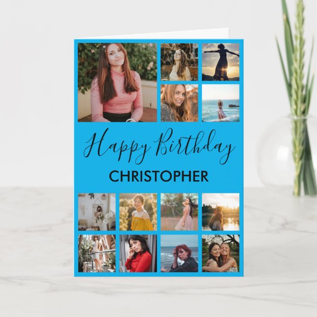 Grattis på födelsedagen Fotocollage 13 bilder Blå Kort (Framsida)