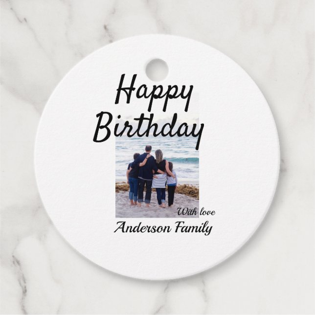 Grattis på födelsedagen-fotofamiljen namn elegant, gåvor etiketter (Framsida)
