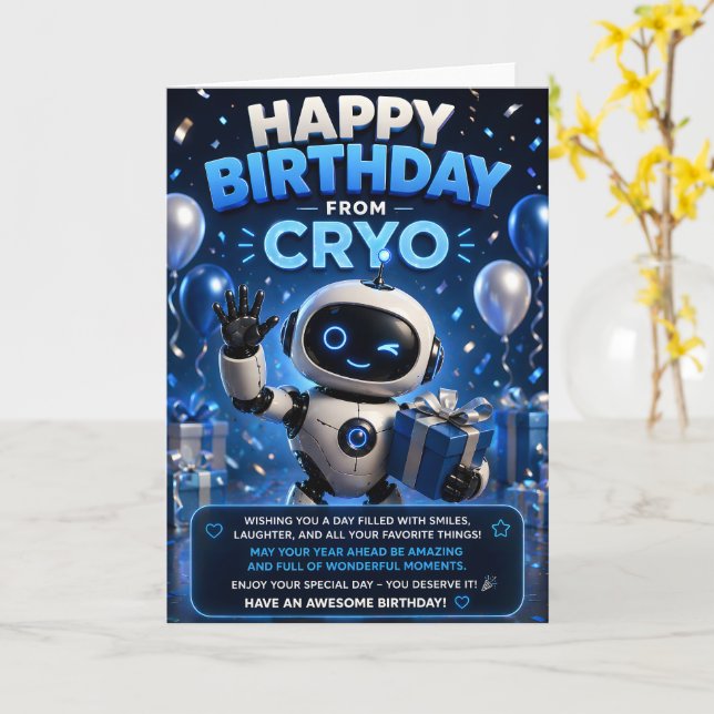 Grattis på födelsedagen från Cryo, söta robot rymd Kort (Gul blomma)