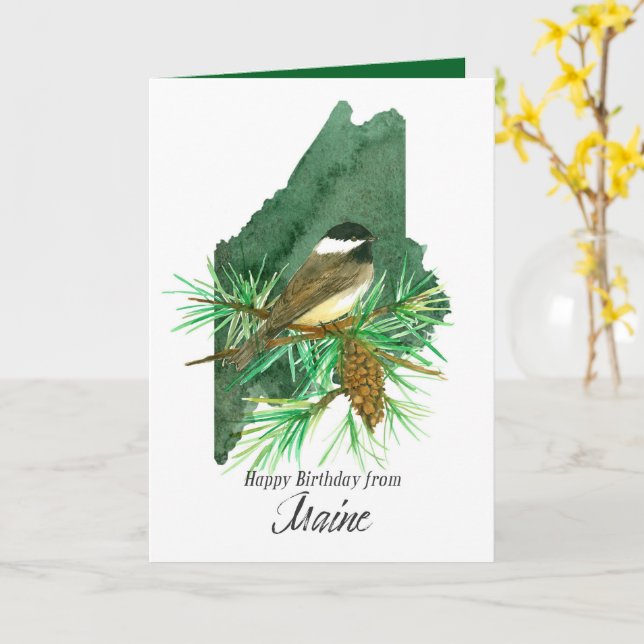 Grattis på födelsedagen från Maine Chickadee Pinec Kort (Gul blomma)