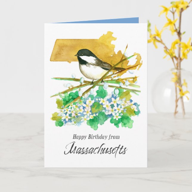 Grattis på födelsedagen från Massachusetts Chickad Kort (Gul blomma)