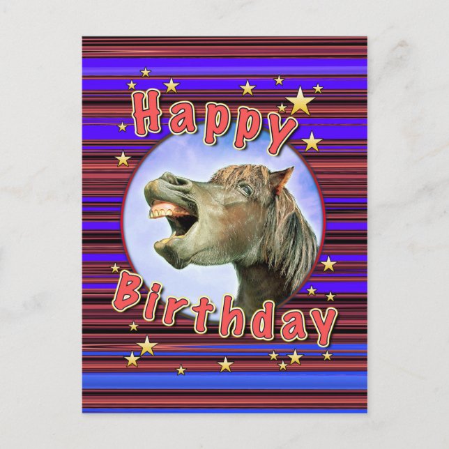 Grattis på födelsedagen från skrattande häst vykort (Framsida)