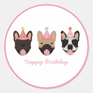 Grattis på födelsedagen Fransk Bulldog Party Hats  Runt Klistermärke