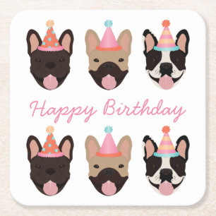 Grattis på födelsedagen Fransk Bulldog Party Hats  Underlägg Papper Kvadrat