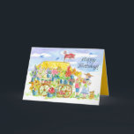 Grattis på födelsedagen Friends Flower Cart Puppy  Kort<br><div class="desc">Grattis på födelsedagen hälsning med två kvinnliga vänner som köper buketter av färska blommor på en jordbrukares varuvagn med lite valp hund och bluebirds som flyger i himmel illustreras med vattenfärg. På insidan finns en koordinerande skugga av ljus gult med lite röd blomma och text som du kan redigera efter...</div>