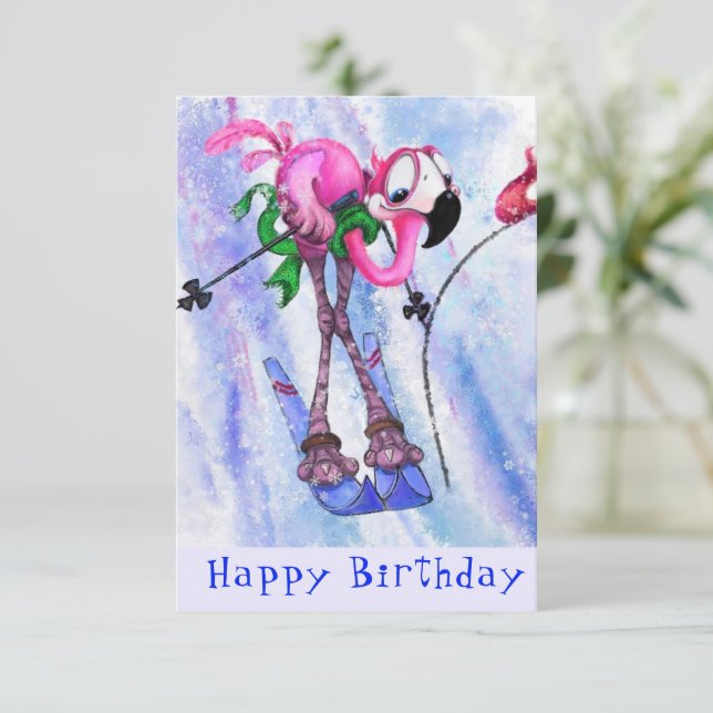 Grattis på födelsedagen - Funny Rosa Flamingo Skie (Stående Fram)