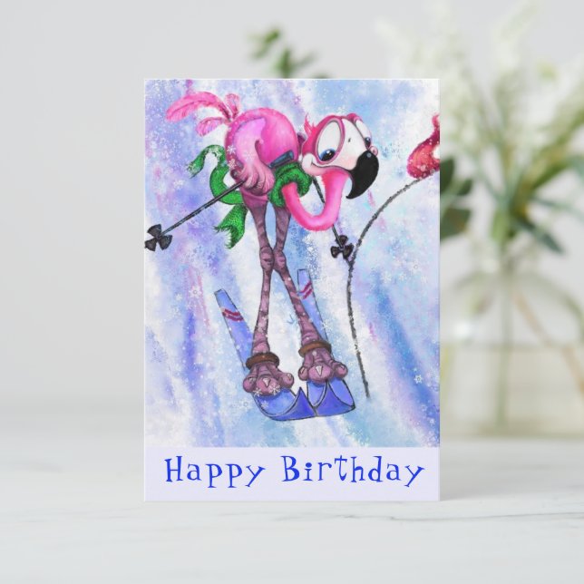 Grattis på födelsedagen - Funny Rosa Flamingo Skie (Stående Fram)
