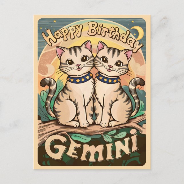 Grattis på födelsedagen Gemini Stjärntecken Katter Vykort (Framsida)