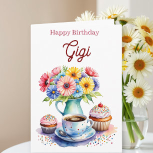 Grattis på födelsedagen Gigi Blommor och Cupcake Kort