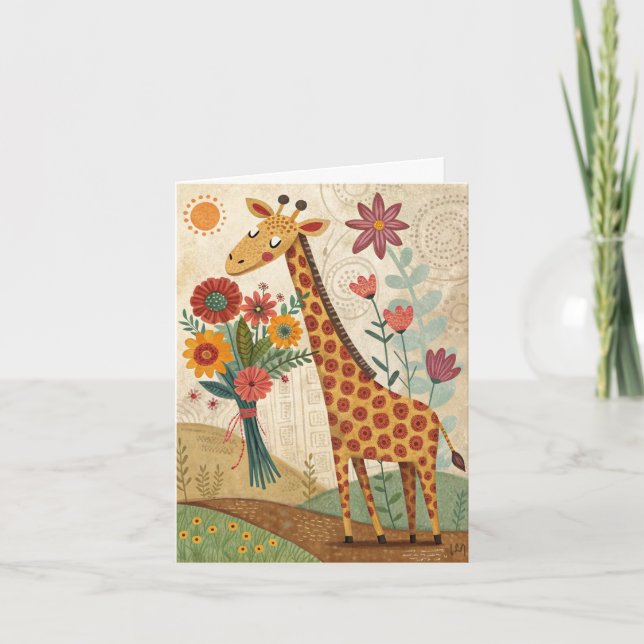 Grattis på födelsedagen giraffe folk art foldet ca tack kort (Framsida)