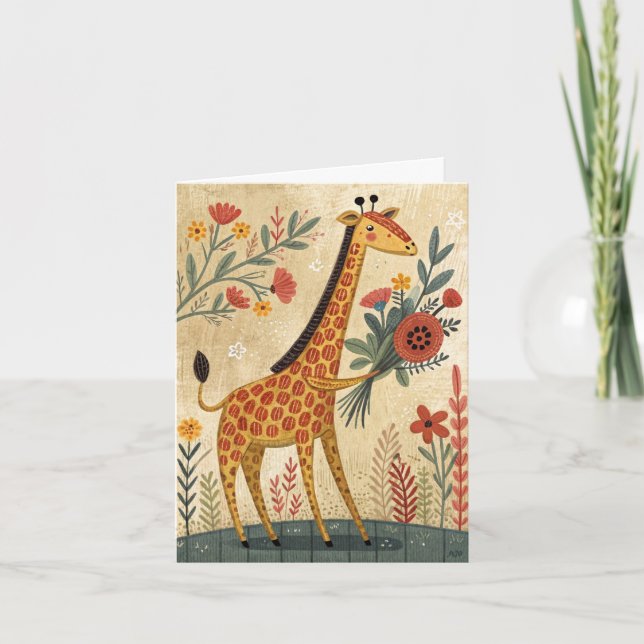 Grattis på födelsedagen giraffe med blomsterkort tack kort (Framsida)