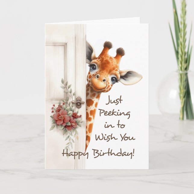 Grattis på födelsedagen Giraffe Peeking runt dörr Kort (Framsida)