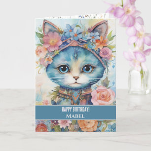 Grattis på födelsedagen Girl Blue Cat Wide Ögon Bl Kort