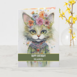 Grattis på födelsedagen Girl Grönt Cat Wide Ögon B Kort