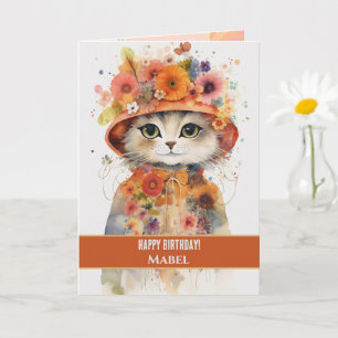 Grattis på födelsedagen Girl Orange Cat Wide Ögon Kort