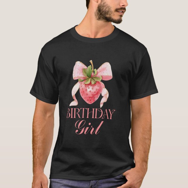 Grattis på födelsedagen Girl Strawberry Rosa Bow C T Shirt (Framsida)