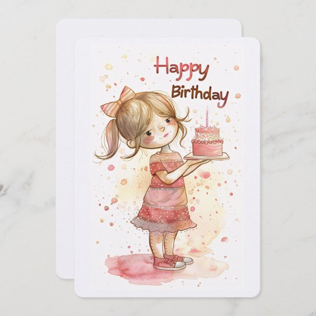 Grattis på födelsedagen Girl with Cake Julkort (Fram/baksida)