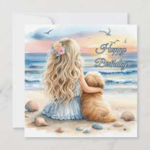 Grattis på födelsedagen Girl with Puppy on Beach Kort
