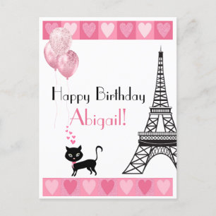 Grattis på födelsedagen Glitter Rosa Heart Eiffel Vykort