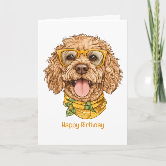Grattis på födelsedagen Goldendoodle Hund Solglasö Kort (Framsida)
