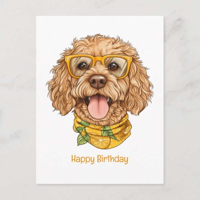 Grattis på födelsedagen Goldendoodle Hund Solglasö Vykort (Framsida)