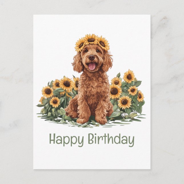 Grattis på födelsedagen Goldendoodle Hund Solrosen Vykort (Framsida)