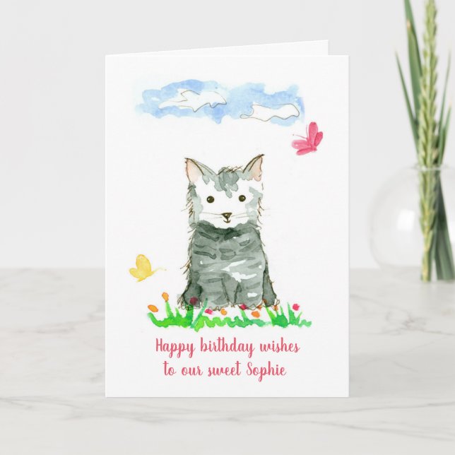 Grattis på födelsedagen Grå kattunge Anpassat namn Kort (Framsida)