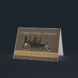 Grattis på födelsedagen Grandfather Classic car Kort<br><div class="desc">Mycket manligt i bruna och brons toner,  det här kortet visar en klassisk bil med rinnande kort,  förmodligen från 20- eller 30-talet. Den har en filigree gräns och en rik guld. Ett kort för snyggt till manar i ditt liv.</div>