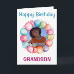 Grattis på födelsedagen Grandson Anpassningsbar Ph Kort<br><div class="desc">Söt födelsedagskort till din barnson. På framsidan finns en runda ram tillverkad av färgstarka ballonger som kommer att ram ditt foto. Över bilderna i blå text står ord "Grattis på födelsedagen" medan under fotot i en mörk med rosa röd text står ord "Grandson". Inuti kortet finns mer färgstarka vattenfärgballonger med...</div>