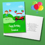 Grattis på födelsedagen Grandson Boy Golfer på Gol Kort<br><div class="desc">Det golftematiska födelsedagskortet för barnson är en hål-i-ett! Perfekt för en ung golf fläkt,  den har en ljusröd golfvagn med färgstarka ballonger,  en roligt golf boll-födelsedagskalas och ett ungt golfredo att lägga på grönten.</div>