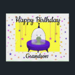 Grattis på födelsedagen, Grandson, Cute Space Alie Vykort<br><div class="desc">Den här födelsedagskalkern för en sonson har min digitala teckning av en lila flygande såskör med en grönt rymd utomjording. Utrymmet är på en bakgrund av färgstarka stjärnor med hängstjärnor på vardera sidan. Du kan ändra texten så att vykortet passar alla. Andra födelsedagskort finns i min grattis på födelsedagen-samling.</div>