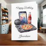 Grattis på födelsedagen Grandson Gaming och Pizza Kort<br><div class="desc">Ett sött vattenfärgsspel och snackande med ett födelsedagskort för en sonson. En illustration av en videospelledare,  en läsk,  chip och pizza,  och alla sak tonåring pojkar som på kortets framsida. Ha en fantastisk-dag på insidan. Du kan lägga till ett namn i personaliseringsområdet.</div>
