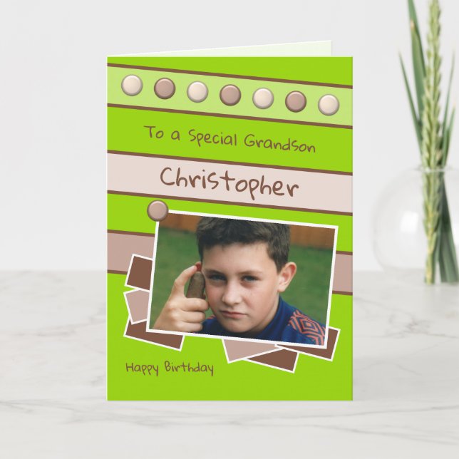 Grattis på födelsedagen Grandson-grönt och brunt f Kort (Framsida)