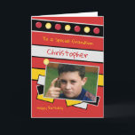 Grattis på födelsedagen Grandson Red and Black Pho Kort<br><div class="desc">Anpassa det här födelsedagskortet till din morson Designad i rött,  svart,  gult och grått Lägg till hans namn Grattis på födelsedagen till en speciell morson Ha en underbar dag</div>