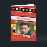 Grattis på födelsedagen Grandson Red and Black Pho Kort<br><div class="desc">Anpassa det här födelsedagskortet till din morson Designad i rött,  svart,  gult och grått Lägg till hans namn Grattis på födelsedagen till en speciell morson Ha en underbar dag</div>