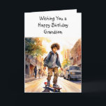 Grattis på födelsedagen Grandson | Skateboarder Kort<br><div class="desc">Cute personlig-födelsedagskort för en pojke. Skateboarding längs vägen. Tvätta för tonåring eller tonåring.</div>