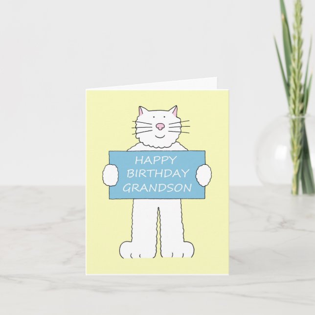 Grattis på födelsedagen Grandson White Cat Kort (Framsida)