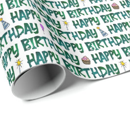 Grattis på födelsedagen Grön Mörk Text Mönster Presentpapper