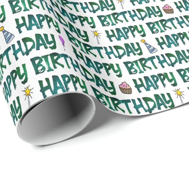 Grattis på födelsedagen Grön Mörk Text Mönster  Presentpapper (Rullad Hörn)